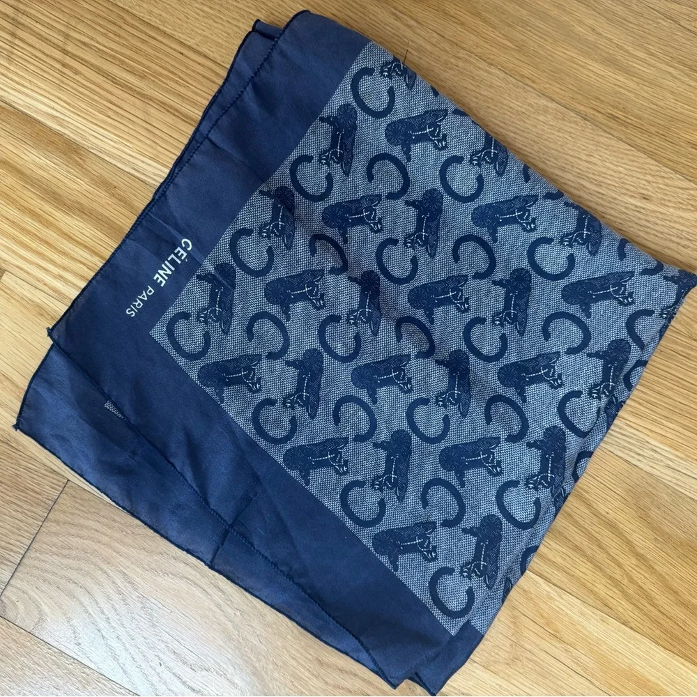 Celine Navy Blue Patterned Silk Scarf - Picture 4 of 5